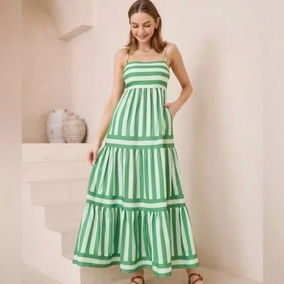 Wits The Label Postiano Striped Tiered Maxi Dress 4 Green White - Picture 1 of 7